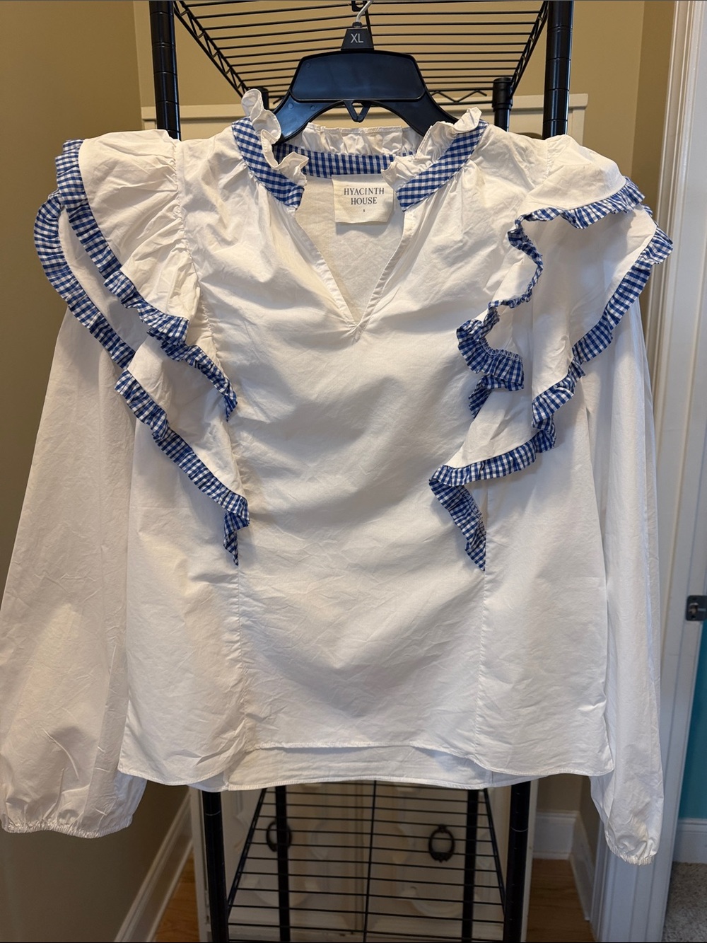 Hyacinth House Sz Small White Ruffle Blouse with Blue Gingham Trim